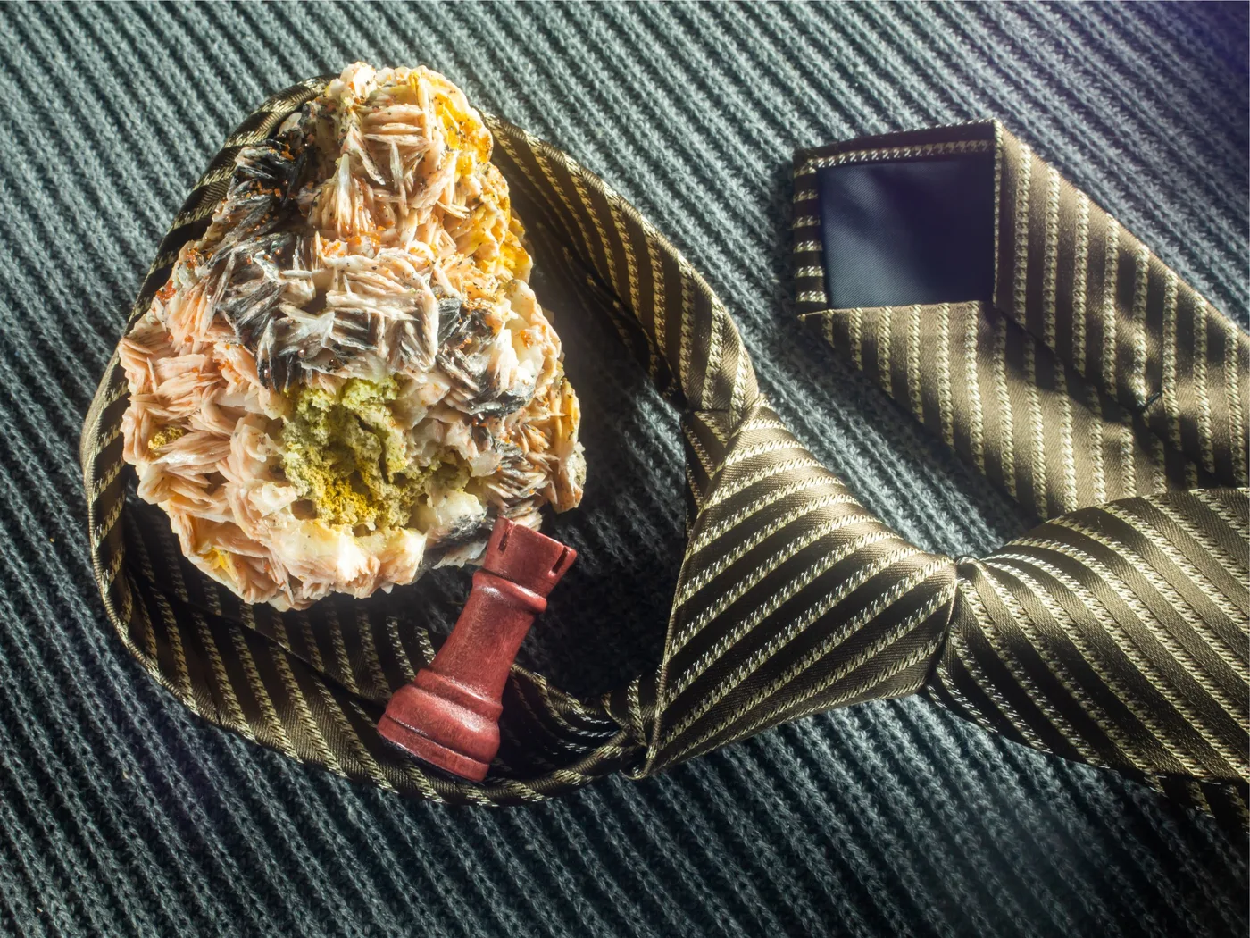 Nature morte, Rose des sables, tour d'échecs et pellicule sur une cravate rayée