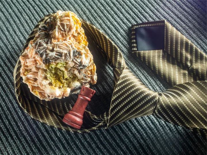 Nature morte, Rose des sables, tour d'échecs et pellicule sur une cravate rayée